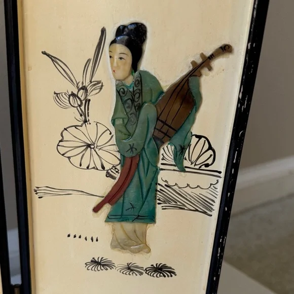 Vintage Asian Folding Screen with raised stone with inlay Asian ladies - Picture 7 of 14